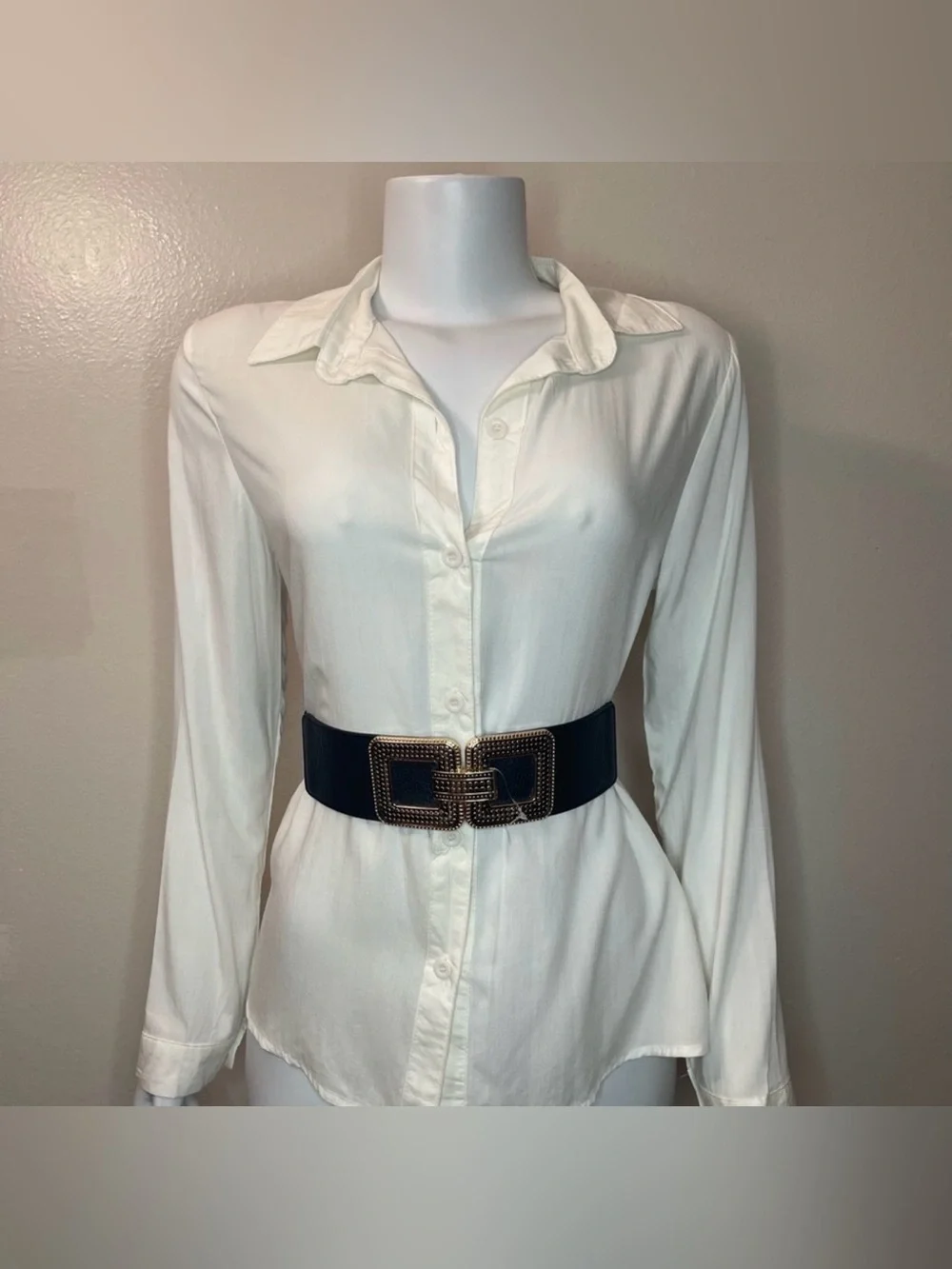 Black PU leather gold tone buckle elastic waistband belt